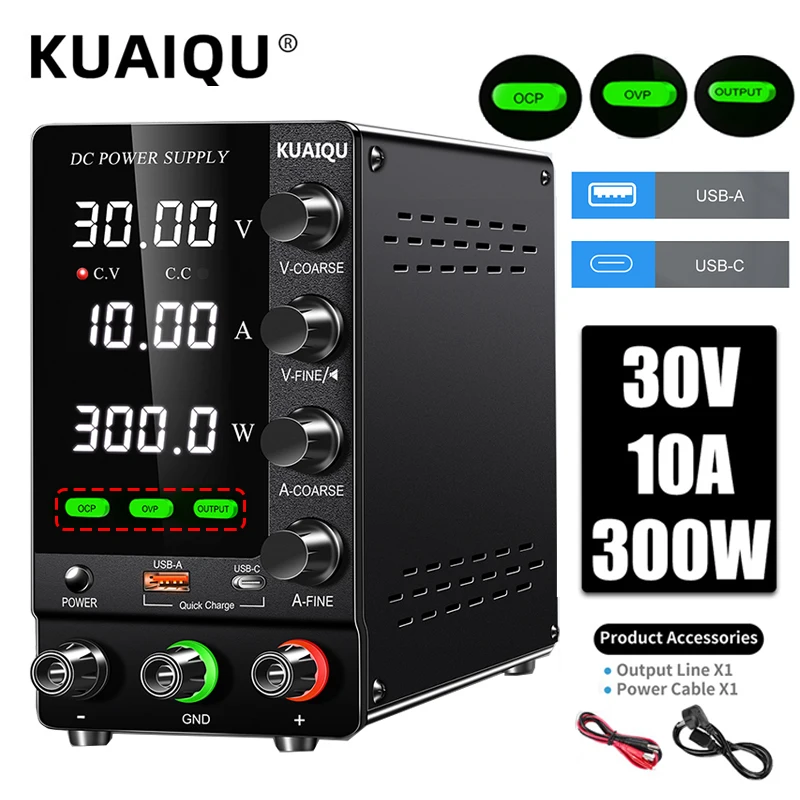 KUAIQU-fuente de alimentación de laboratorio ajustable, interruptor de salida de 30V, 10A, 5A, puerto de USB-A de TYPE-C, carga rápida de 2024 V, OCP OVP DC, el más nuevo de 120 - ¿Vale la pena?