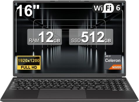 Portátil 16'' Celeron N5095, 12+512GB SSD, Win 11, 5G WiFi, BT 4.2 - Negro