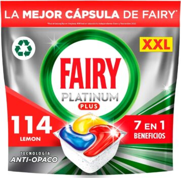 Fairy Platinum Plus, 114 Capsulas Lavavajillas, Limpieza Profunda y Extra Brillo