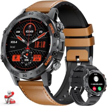 LIGE Reloj Inteligente Hombre con Monitoreo Completo, Android/iOS, 100+ Modos Deportivos, IP67, Bluetooth, Negro/Cuero