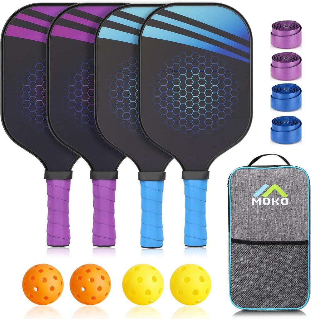 Juego de Palas de Pickleball MoKo, 2 Raquetas de Fibra de Vidrio con Pelotas, Azul+Morado